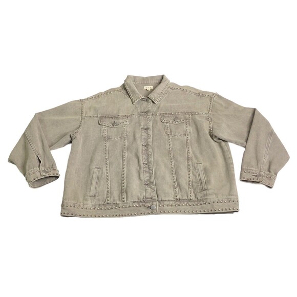 POL Jacket Women Large Gray Denim Trucker Studded Oversized Cotton Boho Grunge - Picture 1 of 14